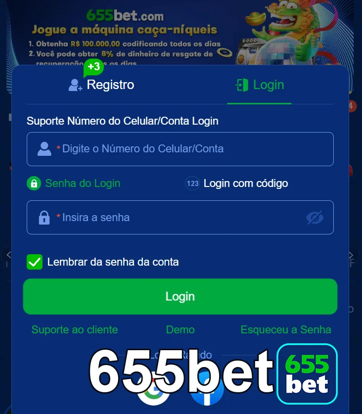 Tela de login da 655bet com opções de suporte e registro.