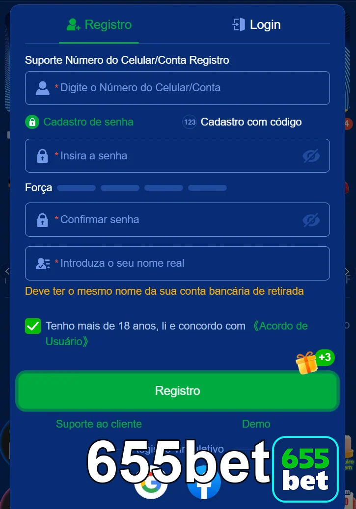 Tela de registro da 655bet para jogadores VIP com segurança.