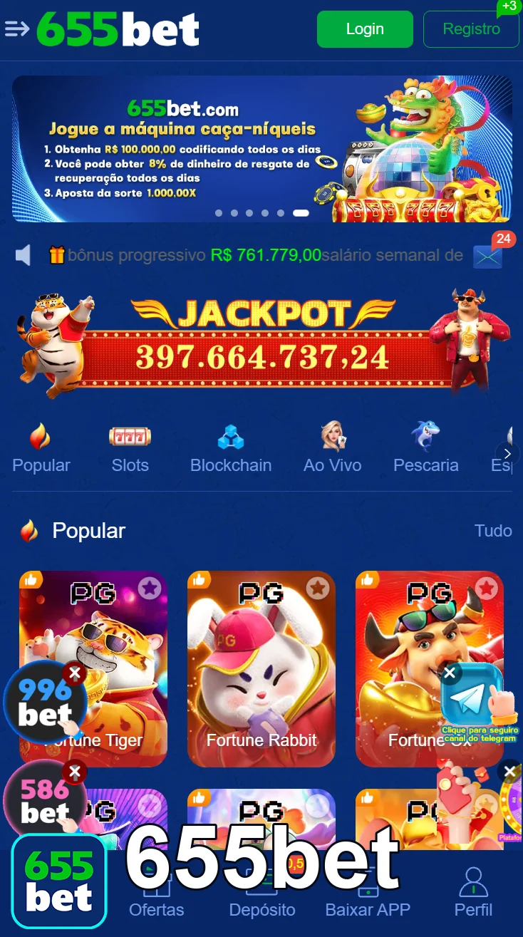 Tela da 655bet com ofertas de caça-níqueis e jackpots.