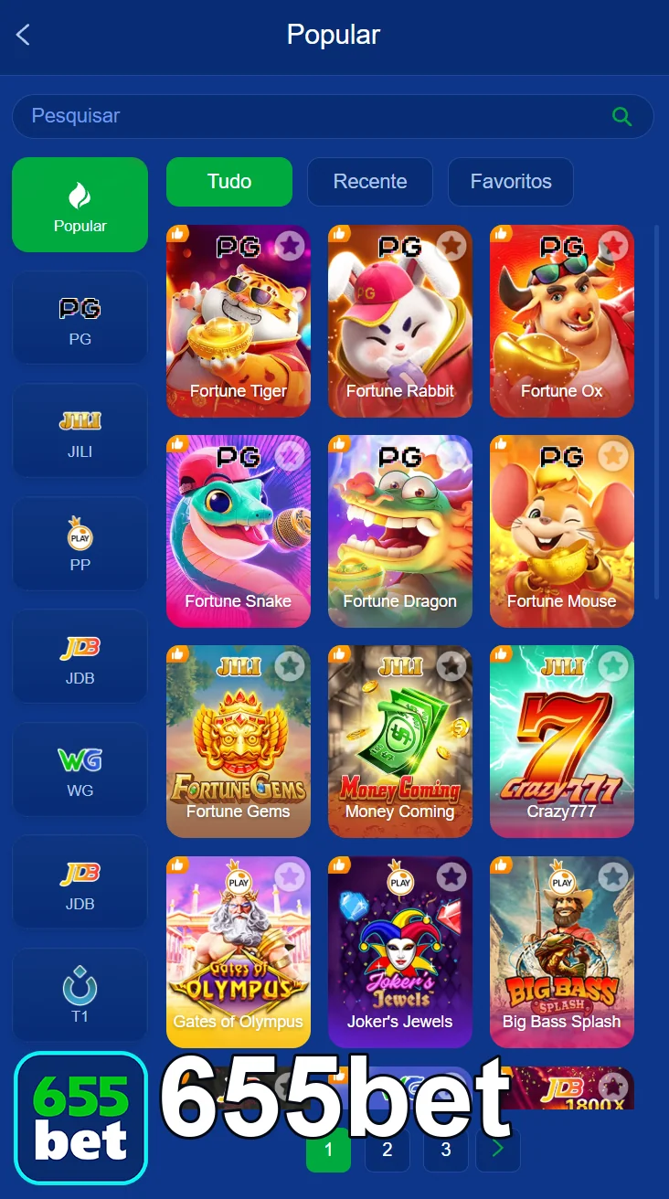 Tela de seleção de slots populares na 655bet com opções VIP.