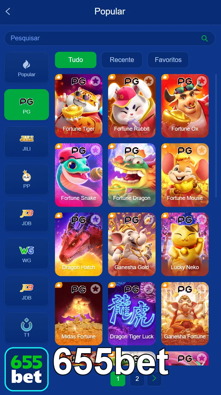 Interface do 655bet com seleção de jogos de slot populares.